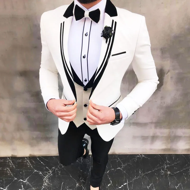 Ternos de casamento Branco Preto Mens Suit Mens para o homem Noivo Custom Made Slim Fit Formal Noivo Smoking Blazer Best Man Jacket Vestido