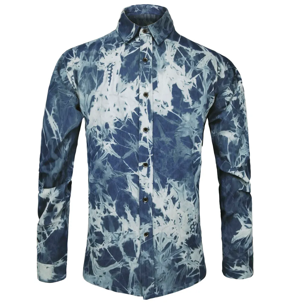 Tie-Dye Chemises En Denim À Manches Longues Hommes Chemises De Cowboy Boutonnées Cool Streetwear Automne Printemps Manteau Mince Hauts À La Mode Nouveau Jeans Arrivé