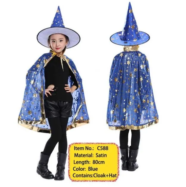 Costume d'Halloween cape en satin avec chapeau pour enfants garçons sorcier et filles sorcière cosplay fête d'Halloween