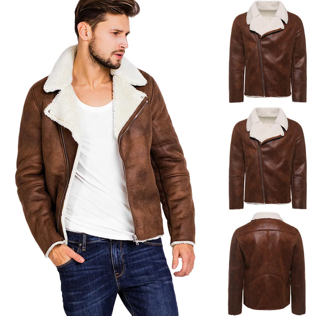 PU Läder Casual Man Jackor Varm Fur Liner ZipperLaple Läder Motorcykel Coat 2020 Outwear Långärmade PU Cocks Jackor