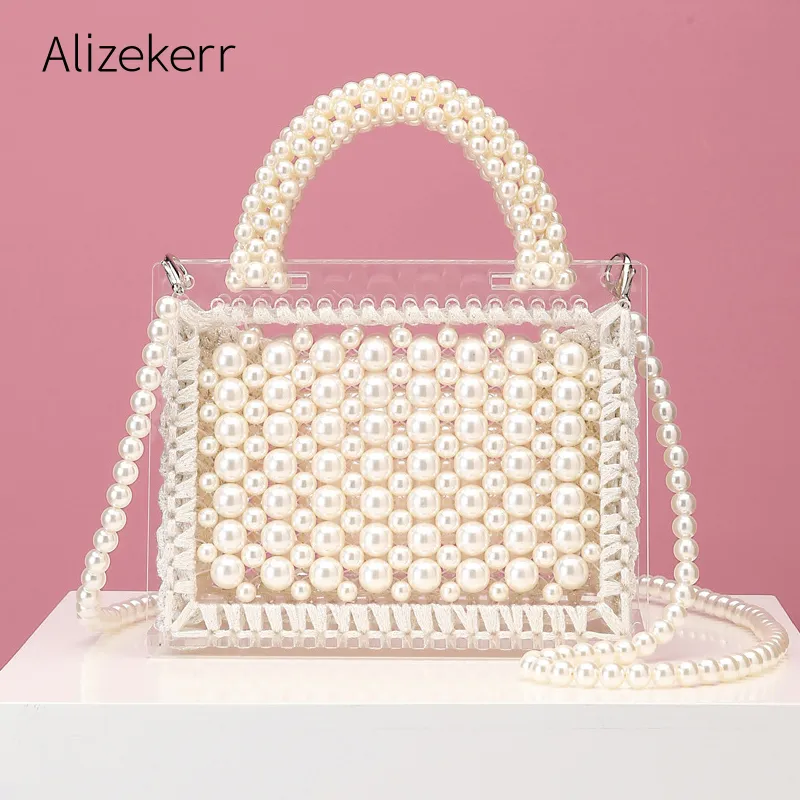 Luxury Acrylic Pearl Evening Clutch Bags Women Handmade Beaded Clear Purses And Handbags Ladies Woven Shoulder Bag Wedding Party 200919