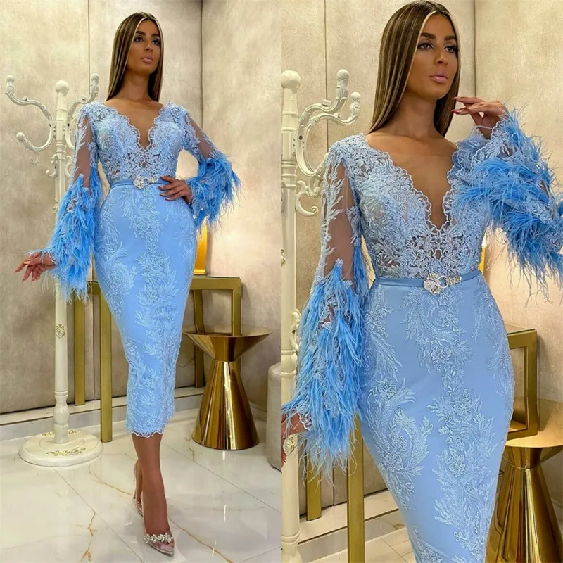 Robes de soirée bleues de luxe plume appliquée dentelle sexy pure manches longues sirène robe formelle longueur cheville sur mesure pas cher Pro306p
