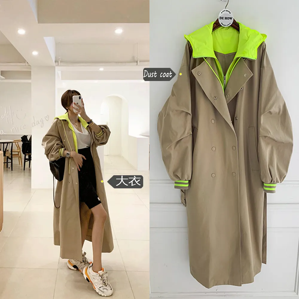 Korean Style Oversized Hooded Long ladies trench coat for Women Loose Fit Trench with Retro Frock Windbreaker