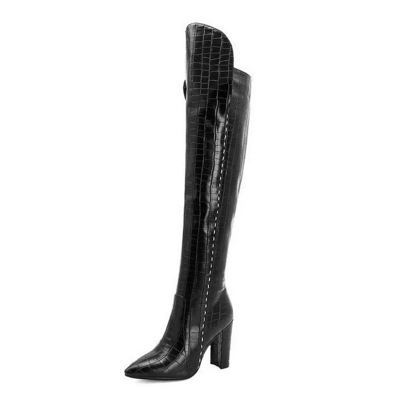 NOUVELLES bottes surdimensionnées européennes et américaines AuBlack White Wtumn hiver en cuir verni sur le genou bottes pour femmes super hautes (8cm-up) taille 34-43