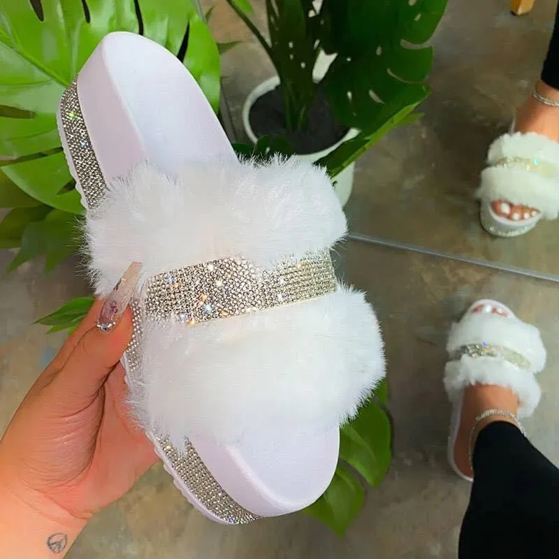 Hot Sale- Cute Women Fur Slides Lady Furry Slippers Bling Rhinestone Summer Sandals Flip Flops for Autumn Winter Crystal Slipper Home House