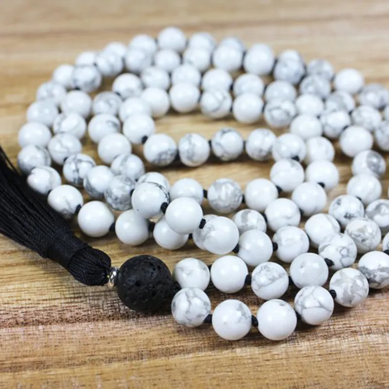 108 Howlite Netkted Mala Naszyjnik Lava Kamienna wisiorek z czarnym naszyjnikiem z frędzl