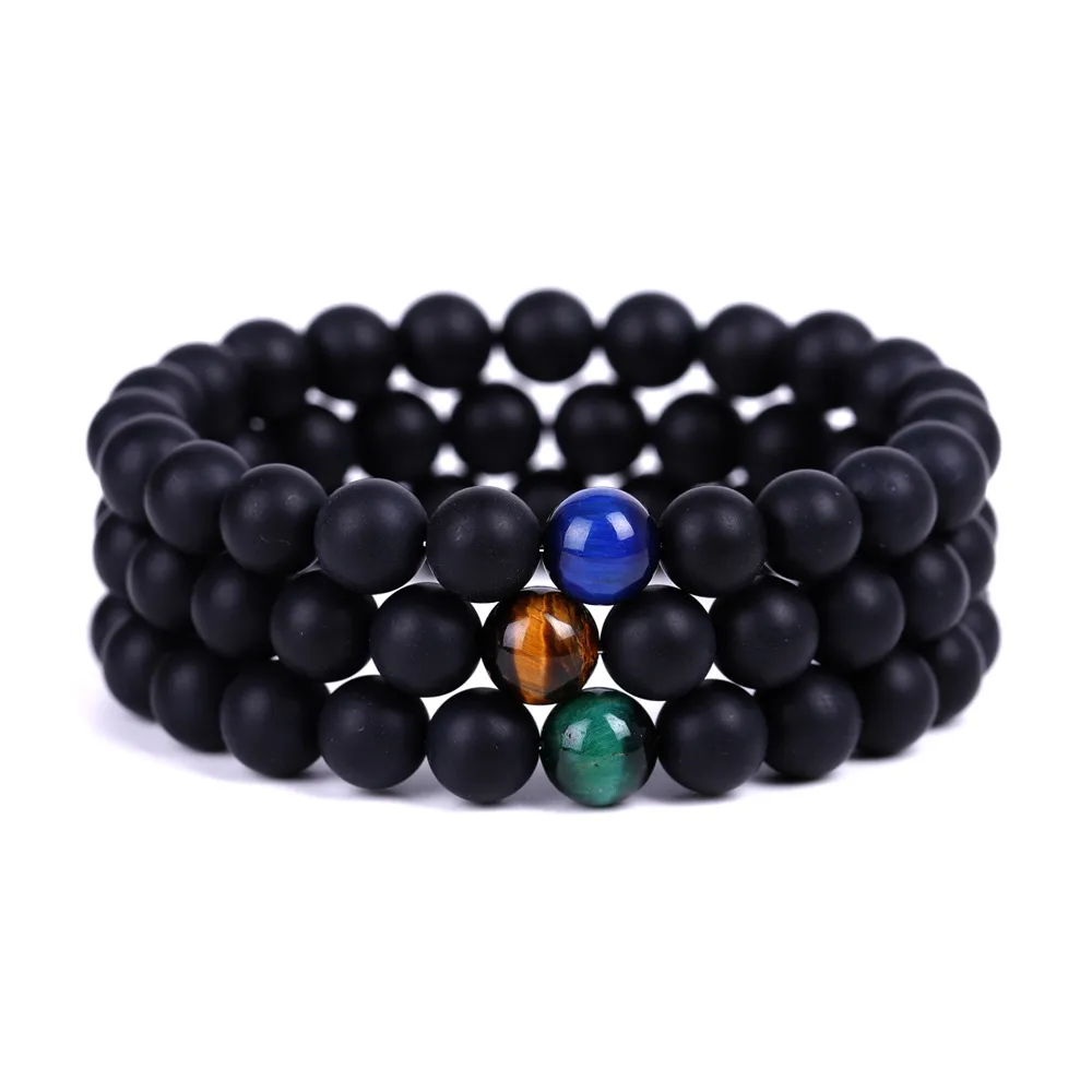 Mattiertes schwarzes Perlen-Tigerauge-Stein-Strang-Armband, Freundschaften, Buddha, Yoga, Strench für Damen und Herren, Schmuck