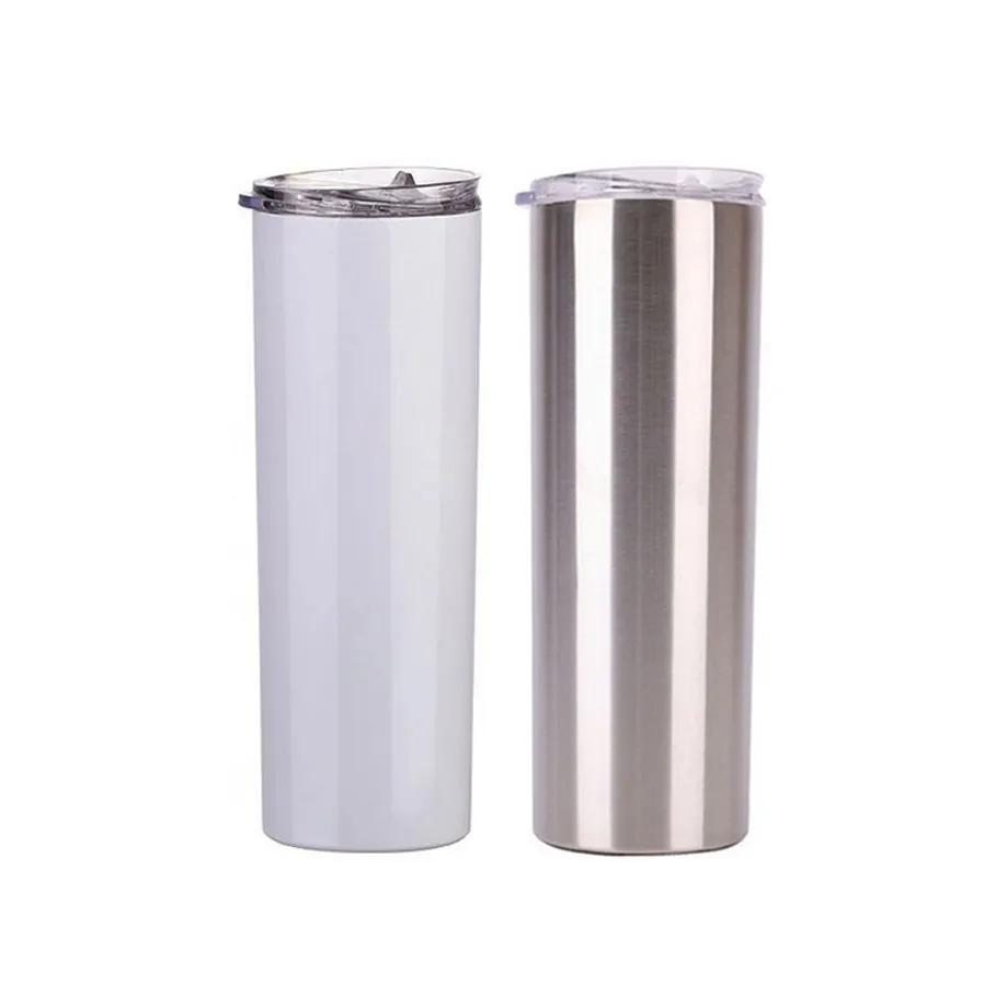 20oz sublimering skinny tumblers blank vit kopp med lock halm rostfritt stål dryck kopp vakuum isolerat vatten kaffe mugg havsfartyg ffa4443