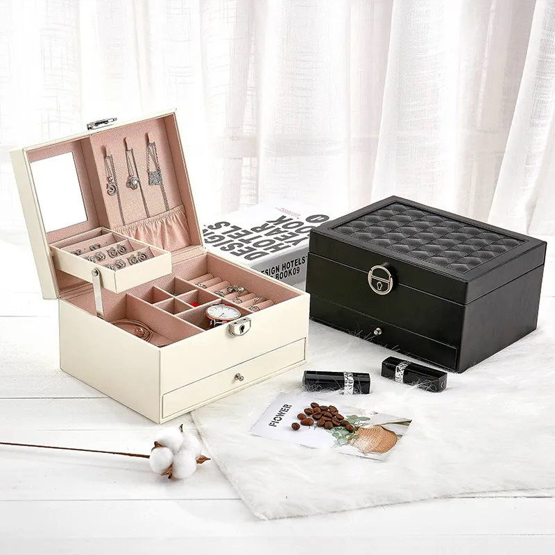 Jewelry Box 2 Layer Organizer PU Leather Jewelries Organizer Case Boxes with Lock and Mirror Jewelry Storage Box 22 5 17 12cm254J