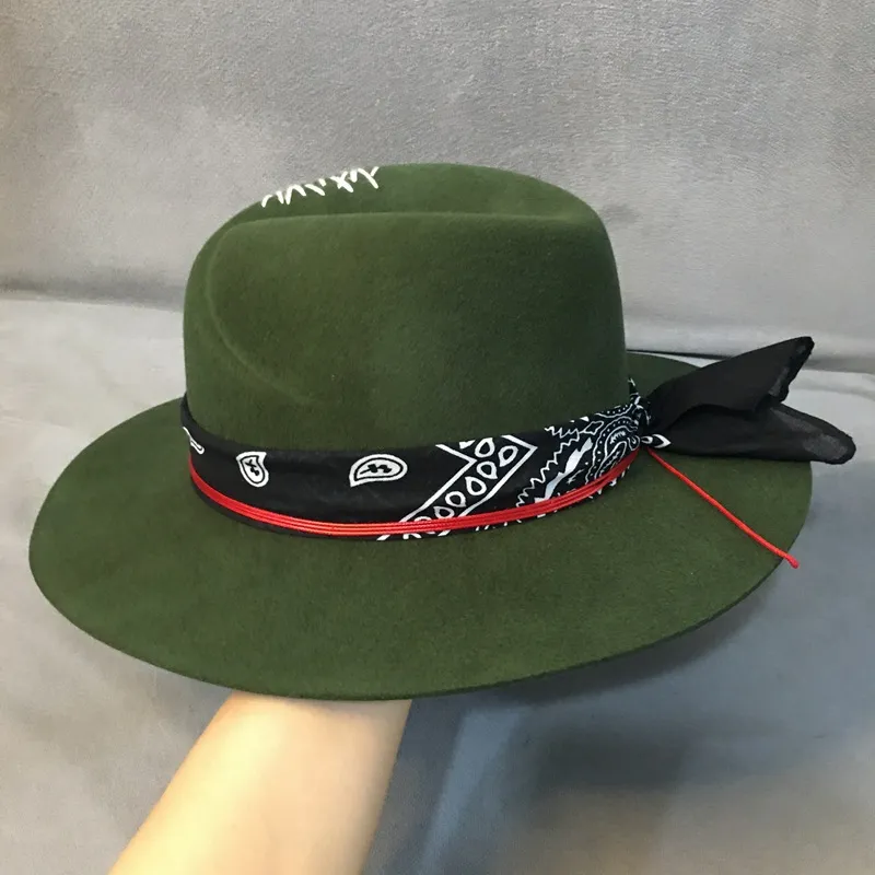 Ethnic Style Green Wide Brim Fedora Hat 100% Wool Women Felt Hats Panama Hat with Turban Ribbon Crushabley Porkpie Style