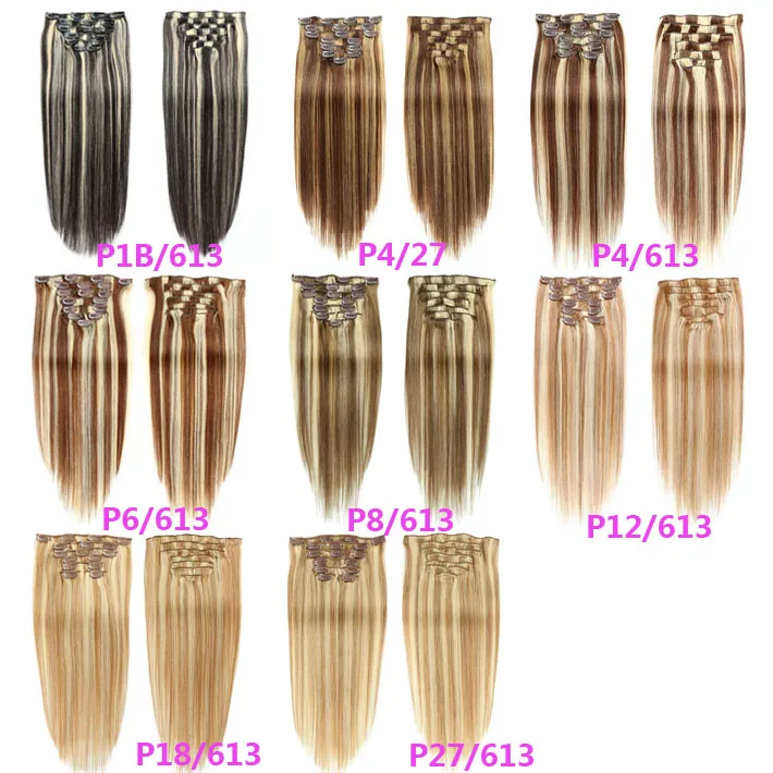 Highlight 613 Blonde Echthaar-Clip-In-Extensions, dickes Ende, 70 g, 100 g, Set, glatt, brasilianisches Remy-Haar, farbige Webart, Clip-Ins P3575392