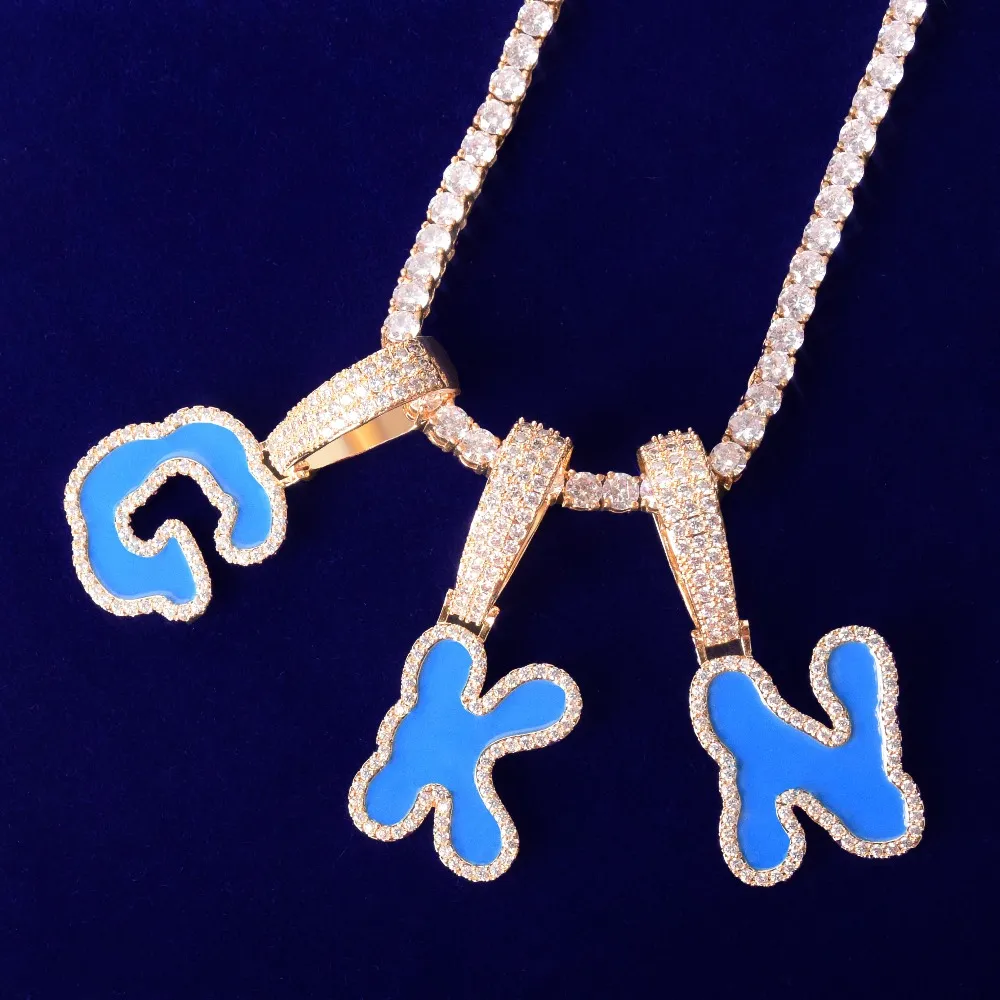 Bubble Letter Blue Oil Zircon Brief Hanger met Tennis Ketting voor Mannen en Dames Ketting Hip Hop Sieraden