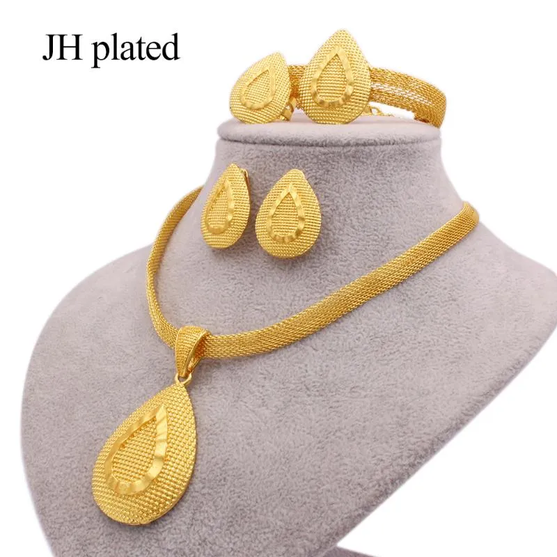 Earrings & Necklace Gold Color 24K Jewelry Sets For Women African Bridal Wedding Gifts Party Water Drops Pendant Ring Bracelet Set