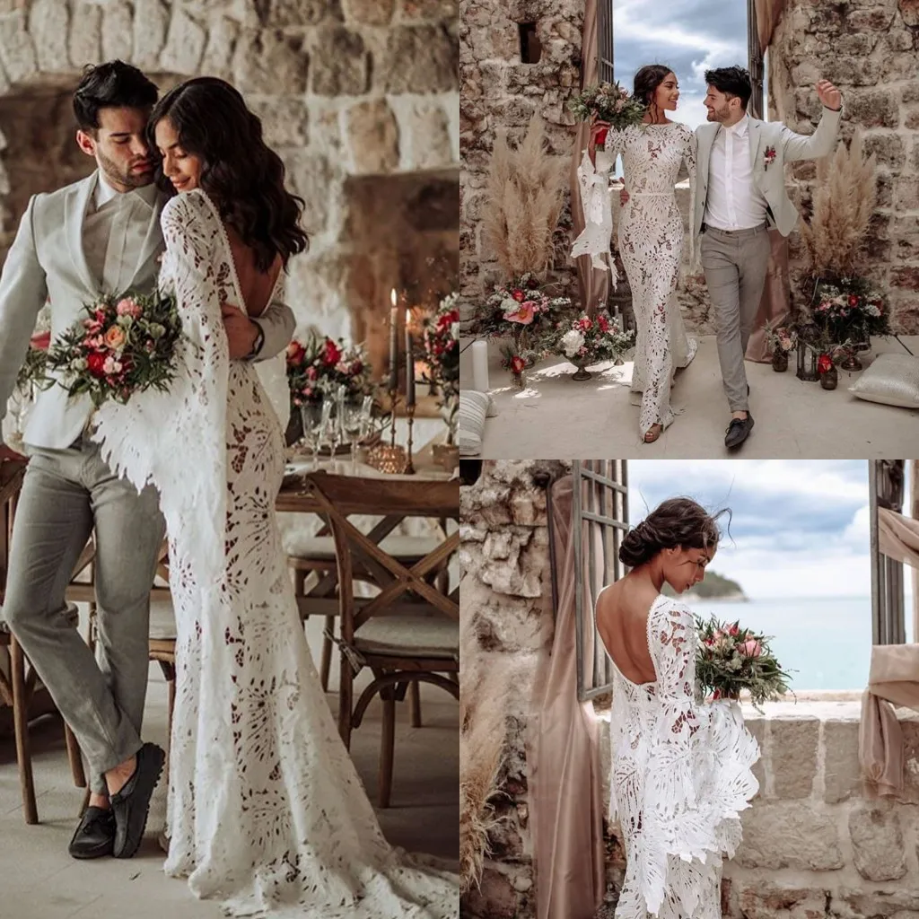 2021 Expensive Folhas Lace Vestidos de casamento de praia do verão Juliet mangas compridas Bateau decote em V Bainha Boho partido do vestido de casamento formal Vestidos