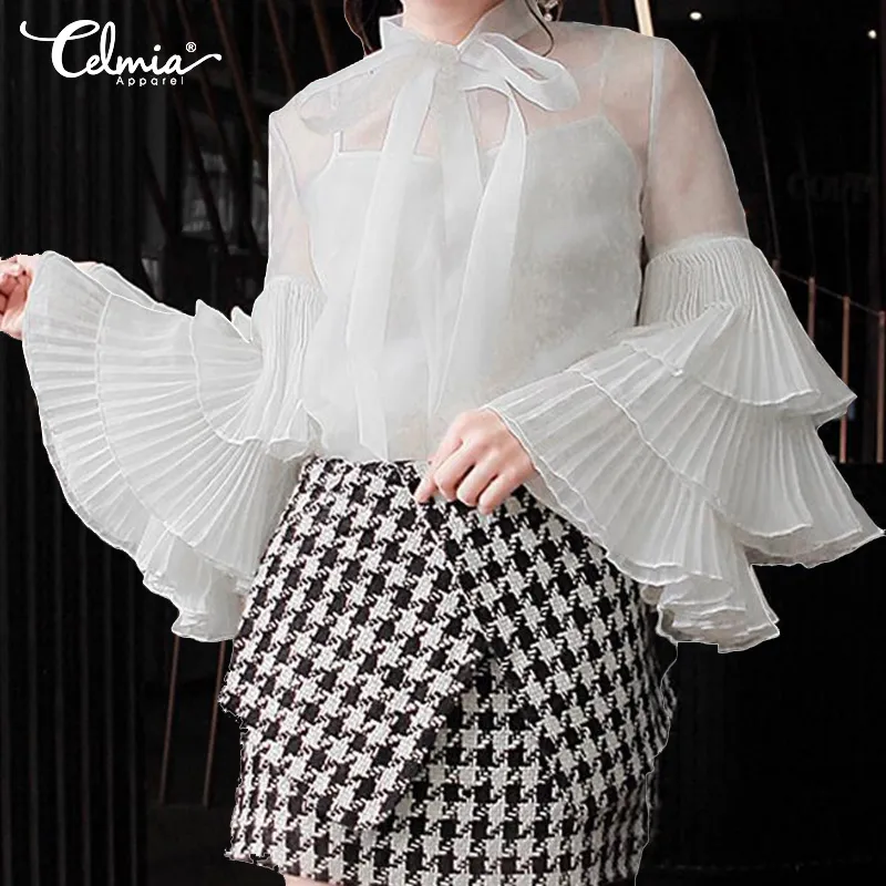 Celmia Fashion White Sheer Blouse For Women 5XL Long Sleeve Ruffled Top With Loose Bow Detail See Through And Sexy Plus Size Available 200925 From Qiyue01 15.49 DHgate.Com