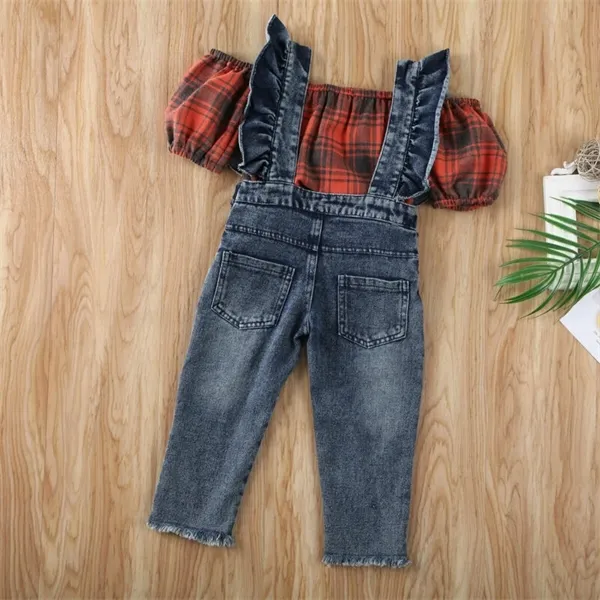 Fashion 2Pcs Kids Baby Girl Cloth Balloon Sleeve Vest Plaid Crop Top Denim Suspender Pants Outfit Costume