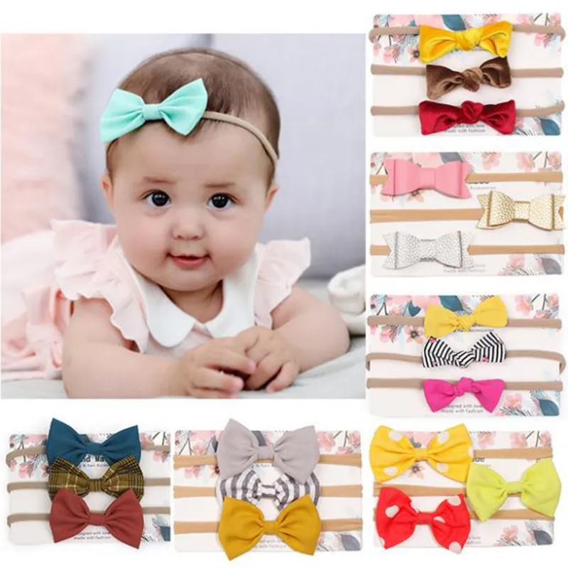 Baby Mädchen Stirnband Set Bogen Kinder Haarband 3 stücke Sets Solide Gestreift Plaid Neugeborenen Kopfbedeckungen Elastische Säuglings Kopfschmuck 31 Designs DW5815