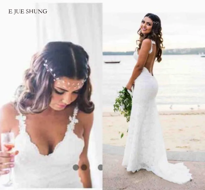 E JUE SHUNG robes de mariée sirène en dentelle blanche col en v dos nu boho robes de mariée dos bas robe de mariée de plage