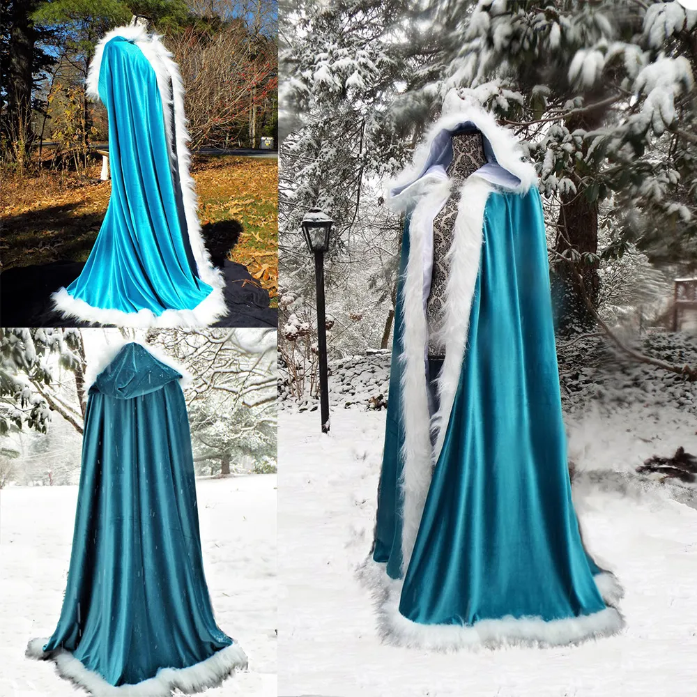 Pele branca longa com capuz Cloaks Inverno casamento Capes Wicca Robe revestimento morno Hallowmas festa de noite de Natal Prom