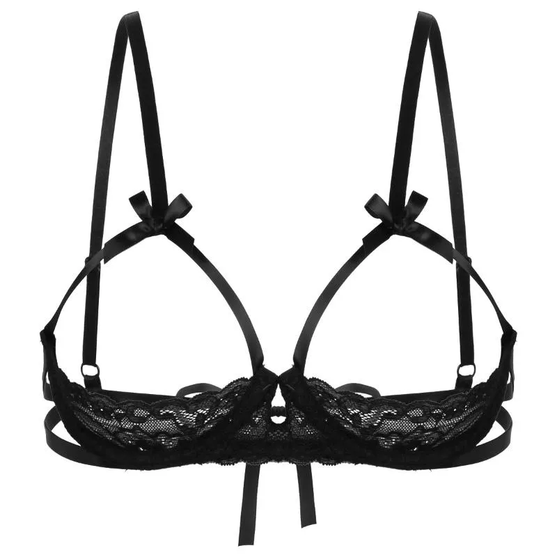 Womens Sheer Lace Open Cup Lingerie Bra Adjustable Spaghetti