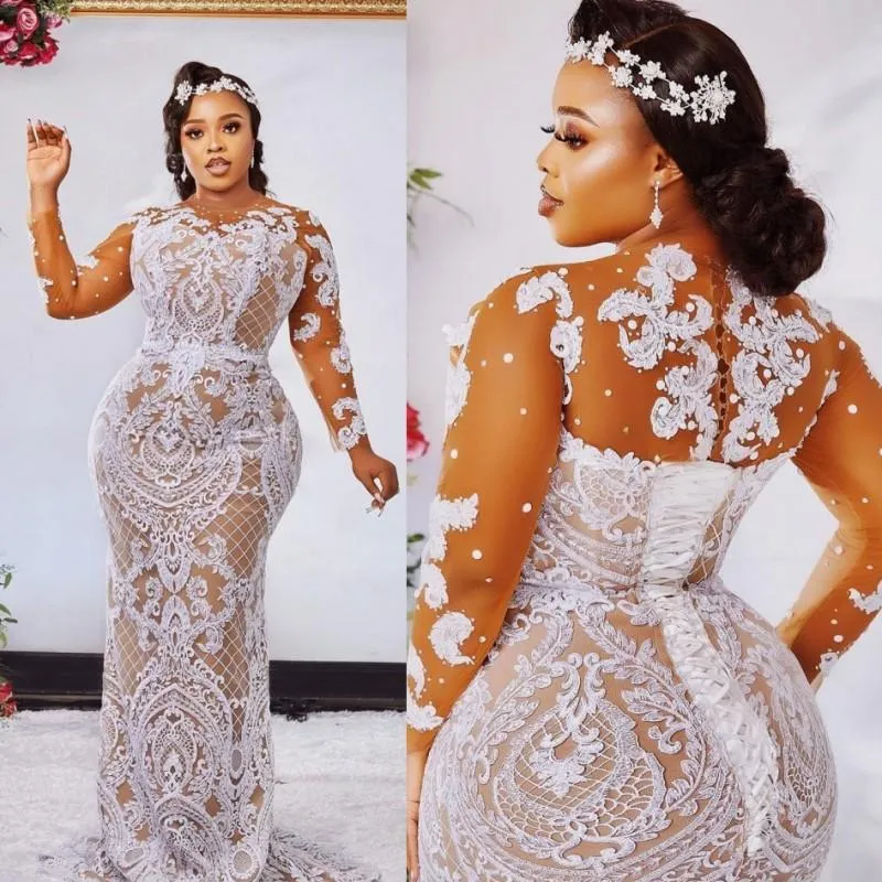 Mode Plus Size Mermaid Kant Trouwjurken Sheer Bateau Hals Lange Mouwen Beaded Bridal Jads Sweep Train Robe de Mariée