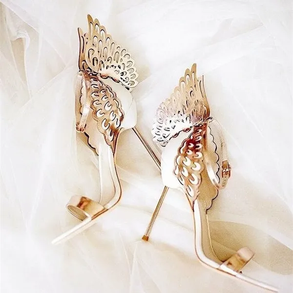 Gouden vlinder vleugel achterkant dames sexy hoge hakken mode band sandalen suede lederen sandalen enkel gesp stiletto maat 42 0922