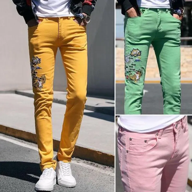 Jean déchiré pour hommes, pantalon slim brodé, nouvelle mode, printemps été, jaune, vert, rose, pantalon Demin, grande taille