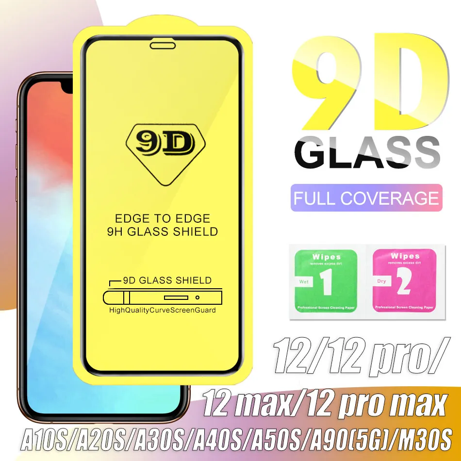 9d Cover Tempered Glass Full Lim 9H Screen Protector för iPhone 13 12 11 Pro Max XS XR X 8 SAMSUNG S20 FE S21 PLUS A42 A52 A72 5G A51 A71 A21S HUAWEI 25PCS / Varje bulk No Box