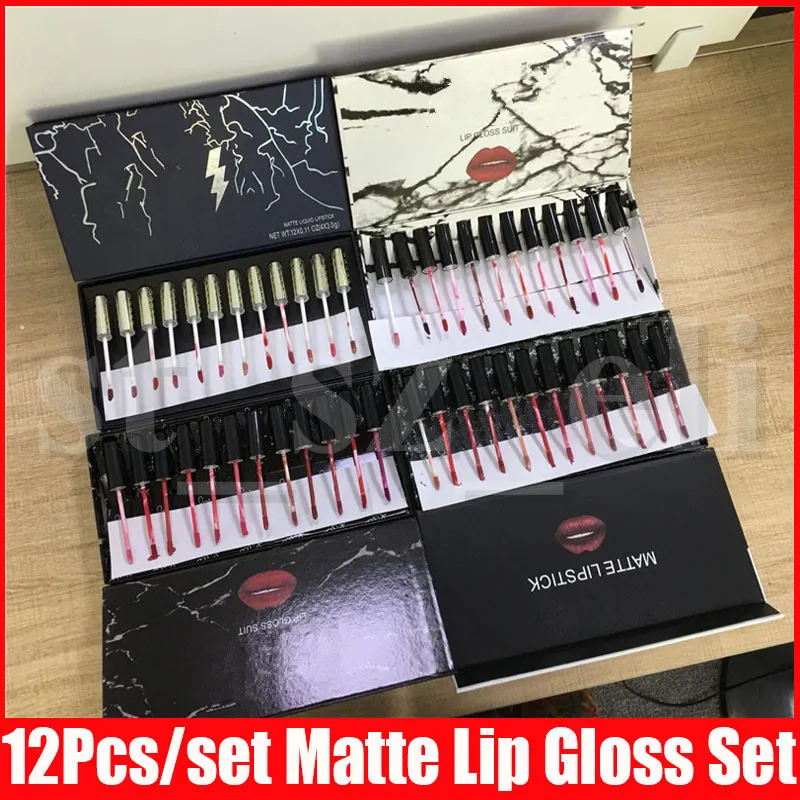 Black White Flash Marble Lip Makeup Full Size 12pcs/set Matte Liquid lipstick Kit Lips Lipgloss Kollection Lip Gloss Set