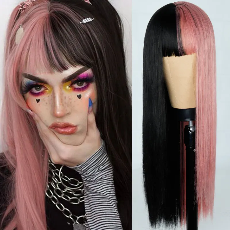 Rosa e preto peruca longa Streight cabelo Cosplay Wig Two Tone Ombre cores Mulheres sintético perucas de cabelo