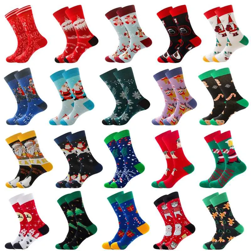 Novelty Happy Funny Men Women Couple Graphic Socks Combed Cotton Christmas Pattern Long Socks Christmas Gift 2020 New