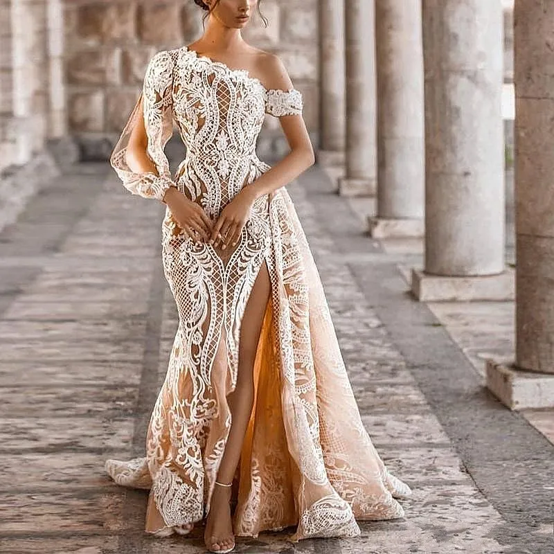 Abiti da sposa a sirena monospalla champagne maniche lunghe con applicazioni in pizzo gonna oversize abito da sposa fessure per le cosce vestido de novia da sposa