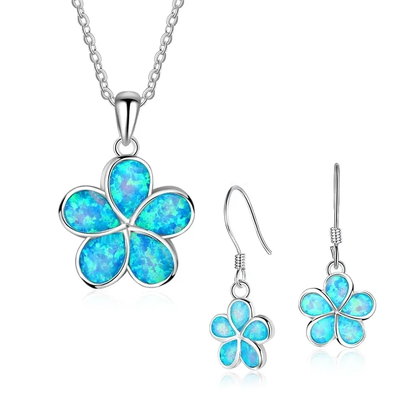 Earrings & Necklace Cute Women Flower Blue Imitation Fire Opal With For Accessories Fashion Jewelry Set Lover Gift