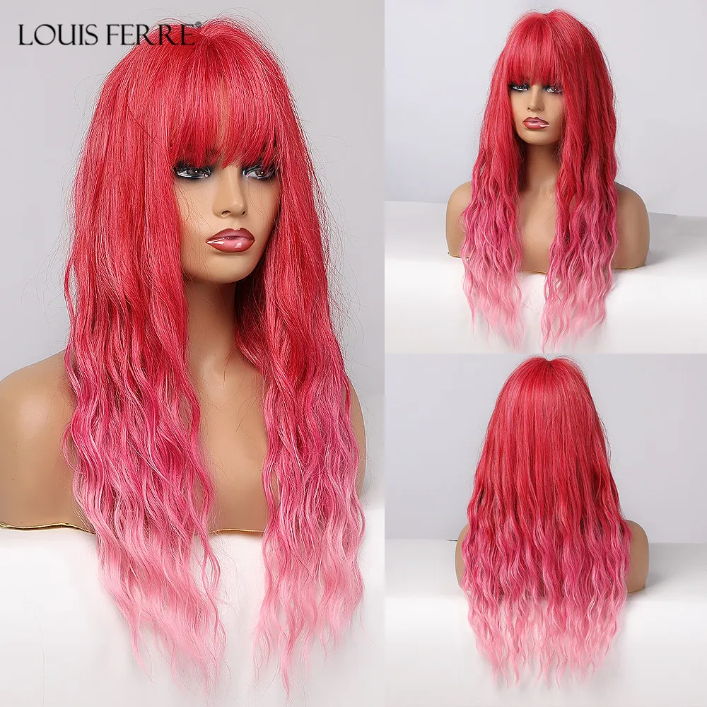 Long Ombre Rose Red Pink Synthetic Wigs Cosplay Water Wave Wig with Bangs for Black Women Afro Heat Resistant Fiber