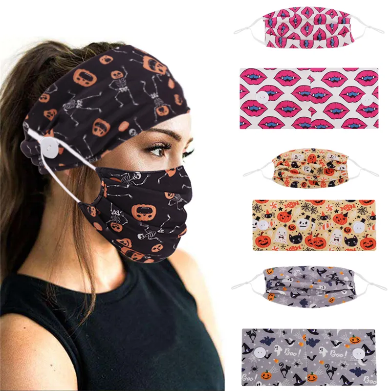 Halloween-afdrukken damesmode haarband met masker fitness yoga sport sjaal knop hoofdbanden masker houder voor vrouwen mannen jk2009xb