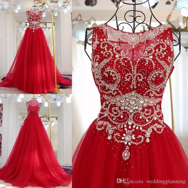 2018 Vestido De Noiva Shiny Beading Crystal Prom Dresses Red Scoop Prom Dress Women Formal Dress Party Gowns
