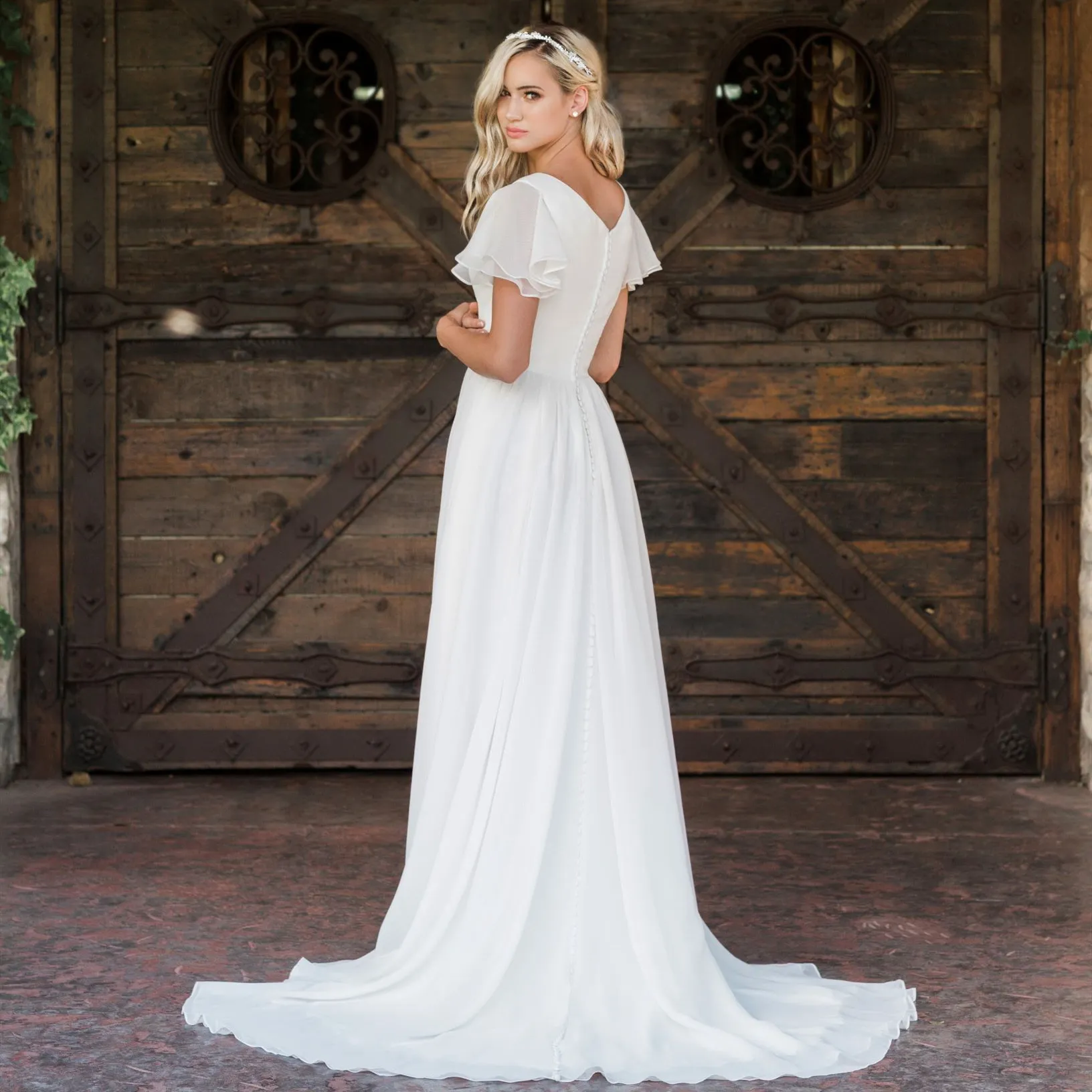 knee length dresses for ladies Simple A-Line Chiffon Wedding Dress with Flutter Sleeves main image 1