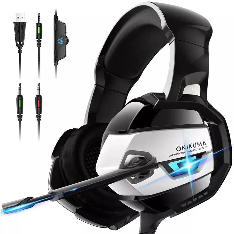 Onikuma k5 auriculares con cable Super Bass estéreo para PS4 Cancelación de ruido MIC LED Auriculares de juego sobre oído