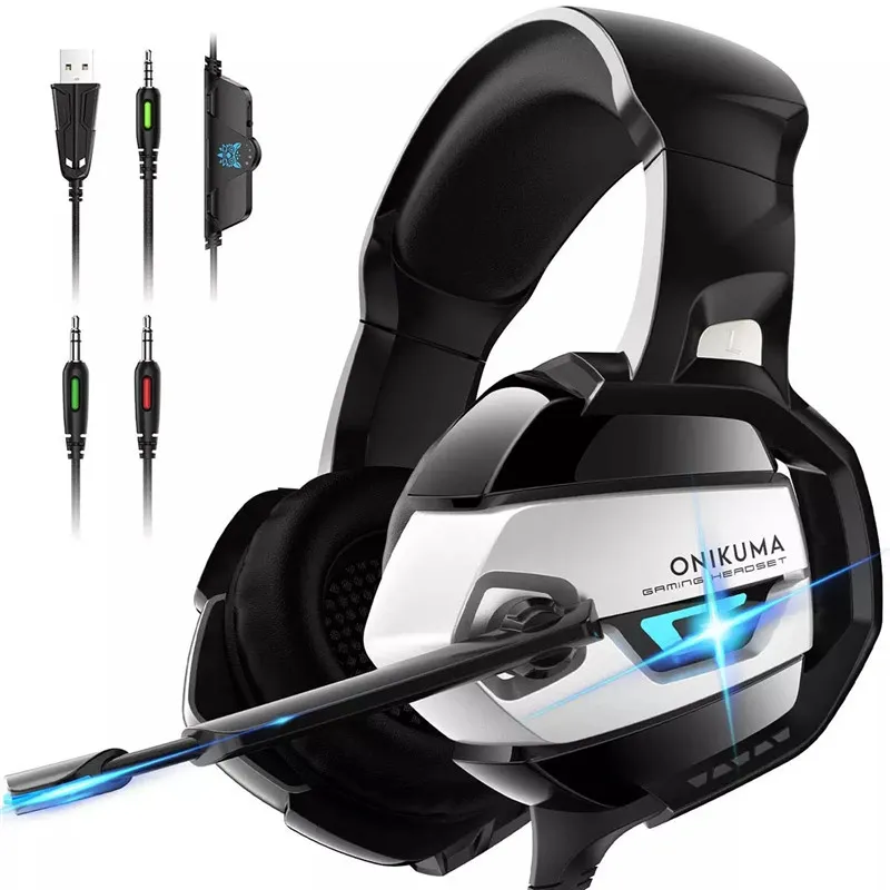 ONIKUMA K5 Kabelgebundene Kopfhörer Super Bass Stereo für PS4 Noise Cancelling Mic LED Gaming Headset Over Ear