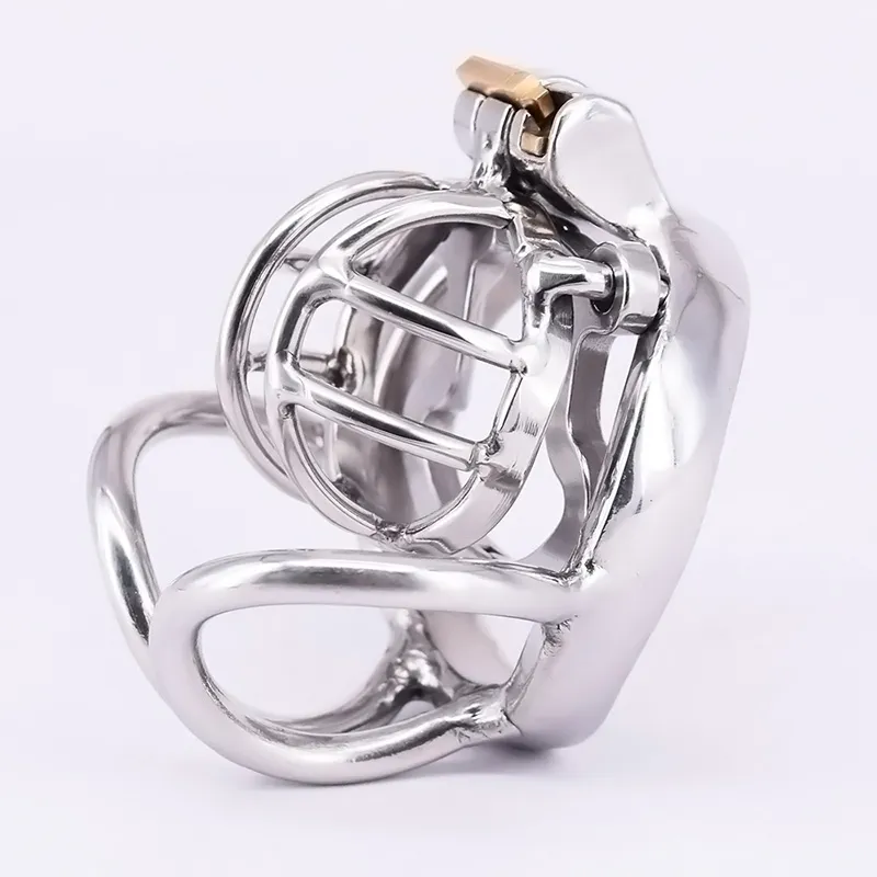 Mini jaula de castidad con anillo anti-apagado, anillo corto de acero inoxidable para hombre, dispositivos de restricción de testículos curvos