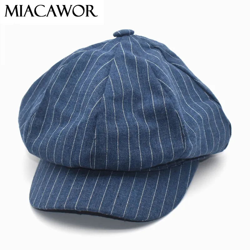 Stingy Brim Hats Miacawor 캐주얼 스트라이프 베레모 여성 한국어 8 각형 가을 빈티지 Gorras 화가 모자 블루 Sboy Cap C6