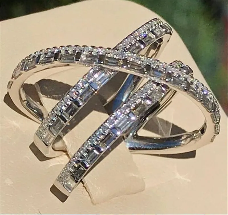 Vecalon Original 925 Sterling Silver Cross Line Anello a forma di T Diamond cz Fedi nuziali di fidanzamento per le donne Gioielli da sposa per feste