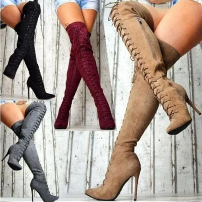 Boots Drop Winter Fashion Woman Solid Burgundy Gray Black Khaki Pointed Toe Stiletto Heels Over The Knee Lace Up Thigh