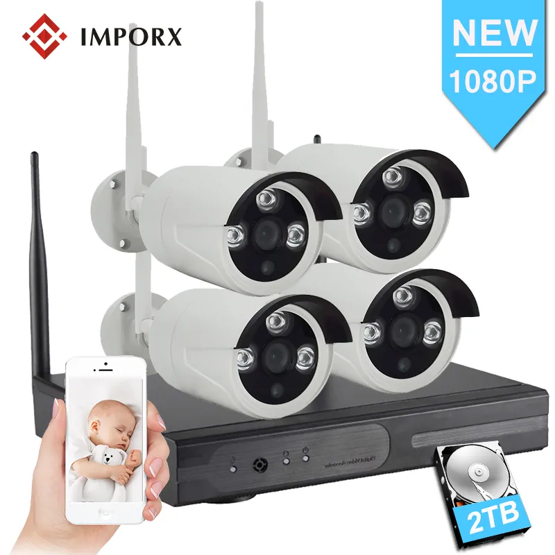 Imporx 4CH 1080p Home Security Wi -Fi CCTV System Wireless NVR Kit 2,0MP Outdoor Waterprostic IP -камера P2P Набор видеоролика