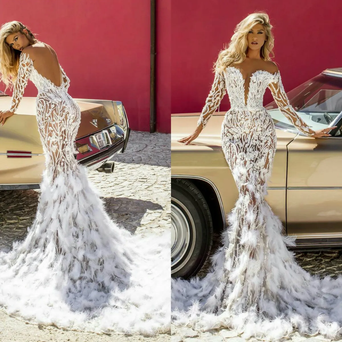 Dubai Luxury Feather Wedding Dresses Plus Size Long Sleeve Backless Illusion Lace Appliqued Bridal Gowns Mermaid Wedding Dress