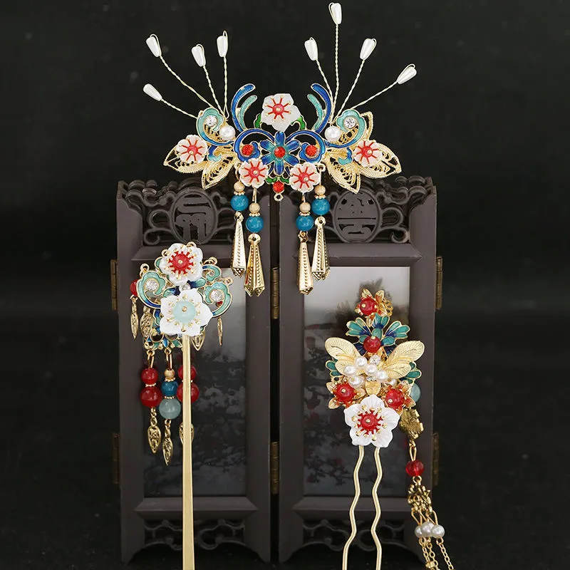 Ancient Plate Hair Hairpin Princess Hair Accessories Traditional Tassel Stick Head Jewelry Chinese Bridal Wedding Headdress Set275M