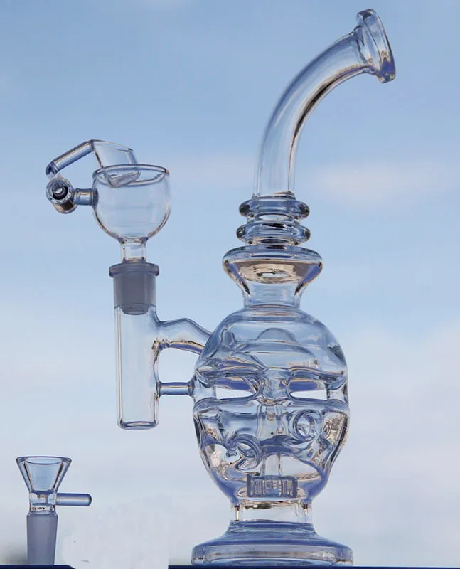 Clear Glass Bong Fab Egg Water Pipes Skull Beaker Dab Rig Bong Recycler Collo piegato con ciotola in vetro Giunto 14,4 mm