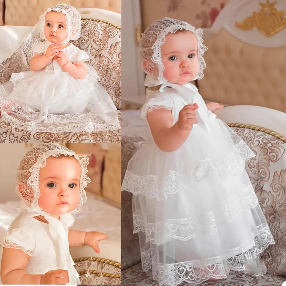 2021 Soft Tulle Christening Gowns For Cute Baby Girl Short Sleeve Appliques Baptism Dresses With Bonnet First Communication Dress