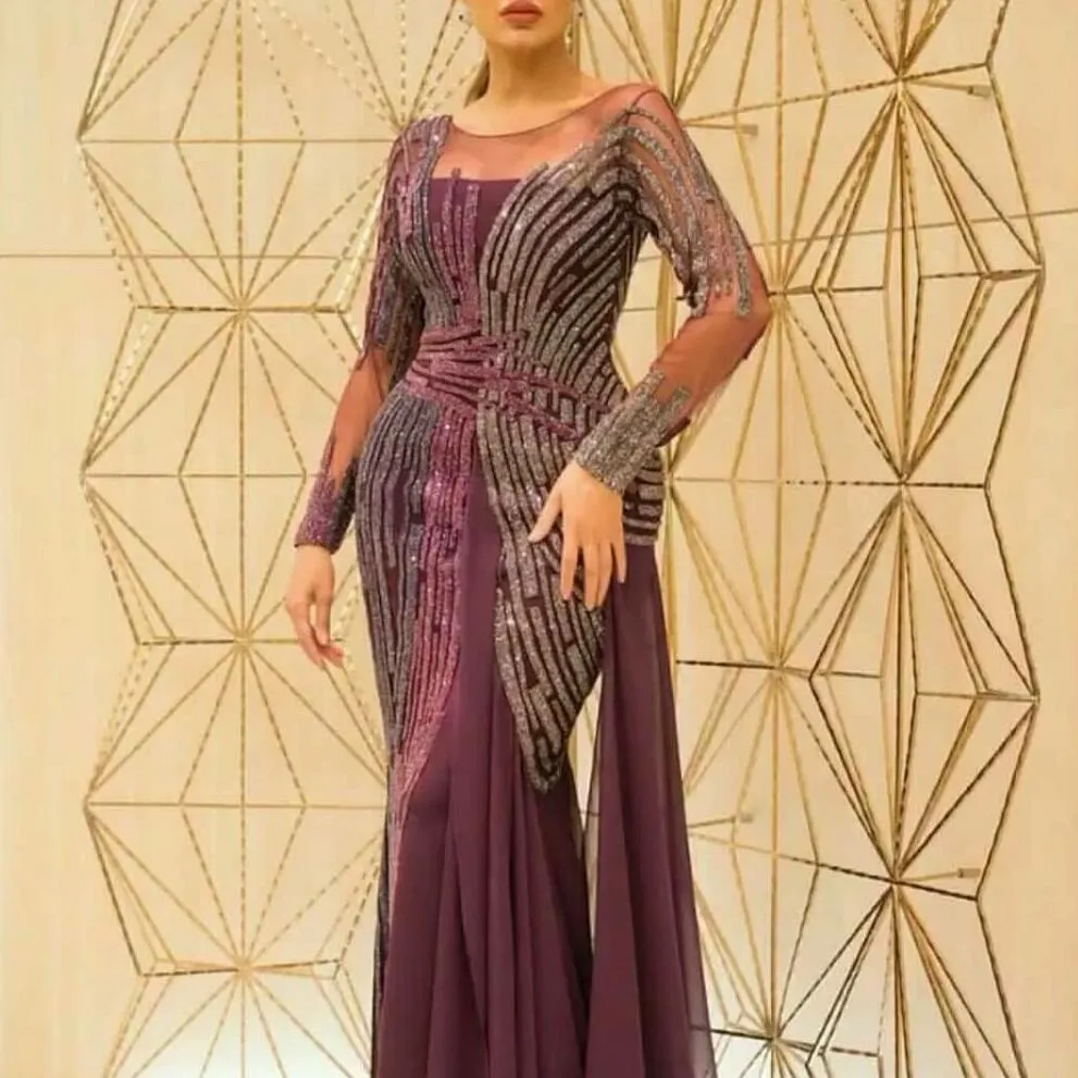 Avondjurk Yousef Aljasmi Kendal Jenner Dames Kleed Kim Kardashian Mermaid O-Neck Shede Purple Long Sleeve