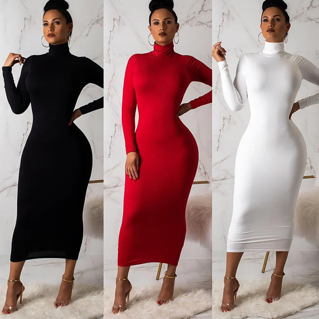 Sexy mulheres boate cor sólida bandage bodycon vestidos tartaruga pescoço estiramento manga longa apertado quadril pacote lápis vestido vestidos 200925